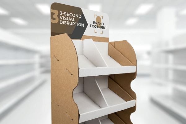 Corrugated cardboard FSDU features three white angled shelves, topped with a header displaying 