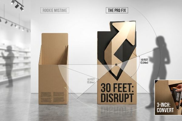 Two cardboard displays: 'Rookie Mistake' vs 'The Pro Fix' die-cut design, showing '30 Feet: Disrupt' and '3-Inch: Convert' zones.