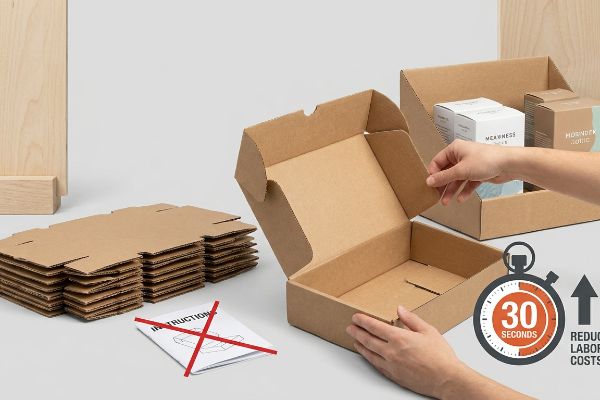 Assemblage d'une boîte en carton kraft brun, une personne assemble un plateau modulaire pré-encollé en 30 secondes, sans instructions, réduisant ainsi les coûts de main-d'œuvre.