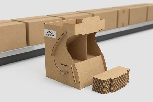 Curvy 32ECT Virgin Kraft cardboard POP display with die-cut shapes, alongside flat pieces, contrasting with rectangular boxes on shelves.