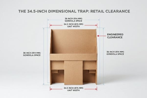 Brown corrugated cardboard retail display unit illustrating The 34.5-Inch Dimensional Trap: Retail Clearance, showing 36-inch gondola space and 34.5-inch unit width with engineered clearance.