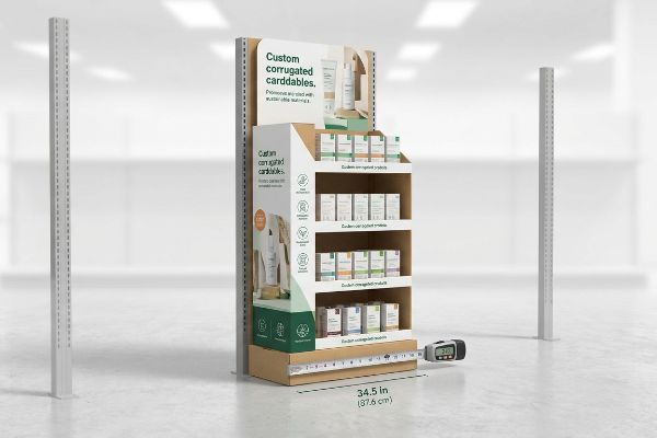 Custom corrugated cardboard end cap display, 34.5 inches wide, with 'Custom Corrugated Carddables' branding and product boxes, measured for retail fit.