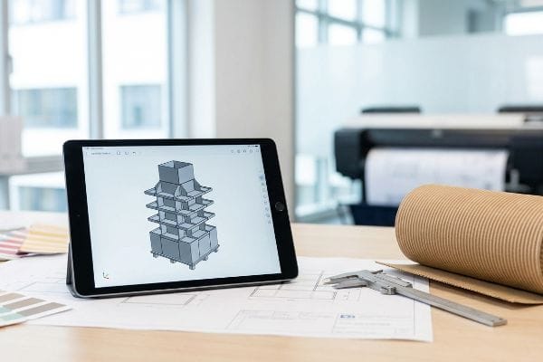 A workspace shows a tablet with a 3D CAD model of a multi-tiered point of purchase display, next to blueprints, a caliper, and a roll of corrugated cardboard.