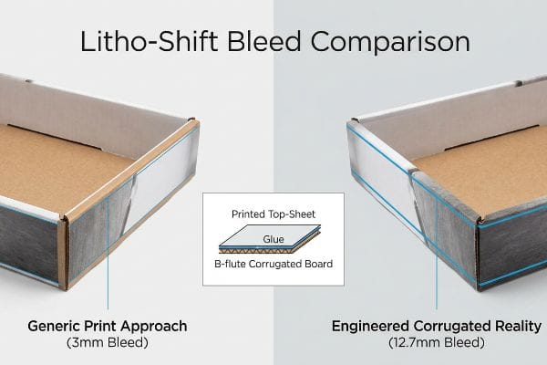 Corrugated trays compare Litho-Shift Bleed, showing generic 3mm bleed with flashing and engineered 12.7mm bleed, alongside a B-flute board diagram.