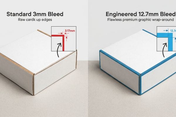 White corrugated boxes comparing Standard 3mm Bleed with raw cardboard edges (3.17mm) versus Engineered 12.7mm Bleed for flawless graphic wrap-around.