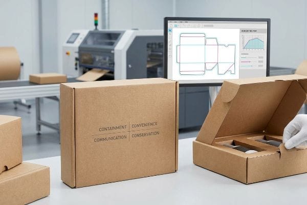 Brown corrugated boxes display the 4 C's of packaging: Containment, Convenience, Communication, Conservation, with a dieline design on a monitor.