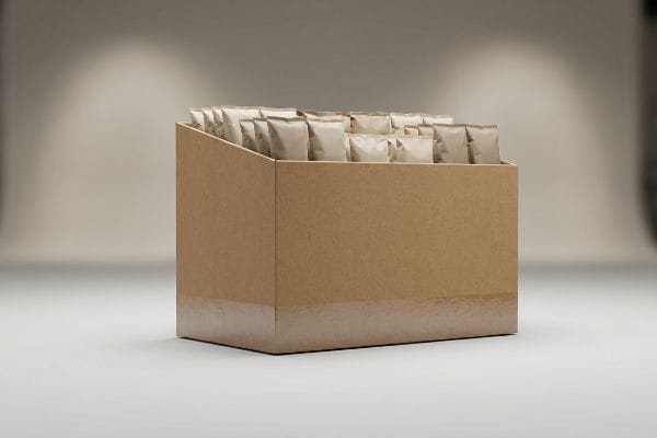 Brown cardboard food display counter box filled with unbranded pouches, featuring a 4-inch clear poly-coat barrier.