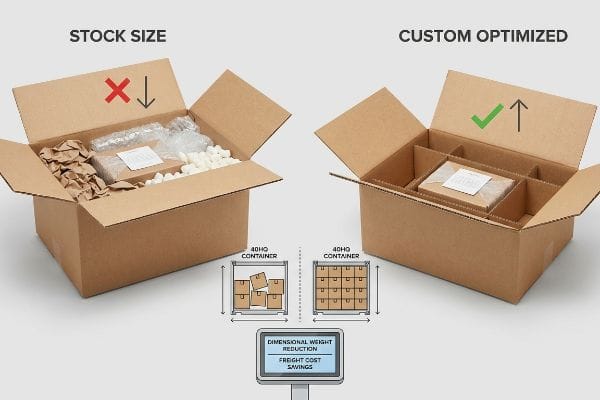 Stock vs. Custom Optimized corrugated boxes, 40HQ container efficiency, dimensional weight reduction, freight savings.