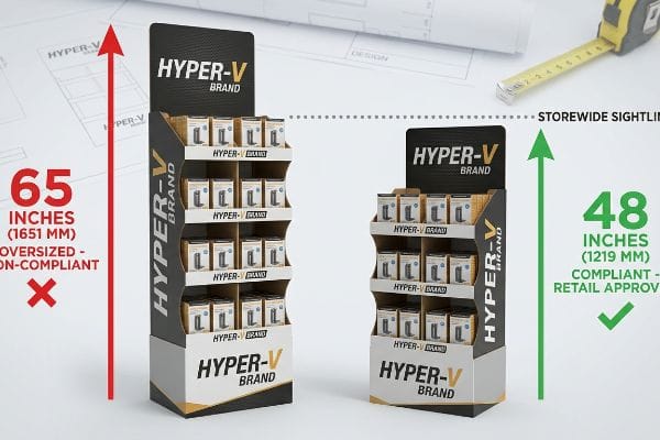 Two Hyper-V Brand retail displays: a 65-inch non-compliant unit and a 48-inch compliant unit, demonstrating storewide sightline adherence.