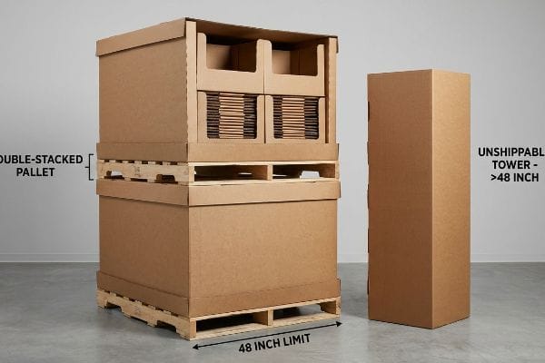 Brown corrugated cardboard boxes demonstrate shipping limits, featuring a Double-Stacked Pallet within a 48 Inch Limit and an Unshippable Tower over 48 Inch.