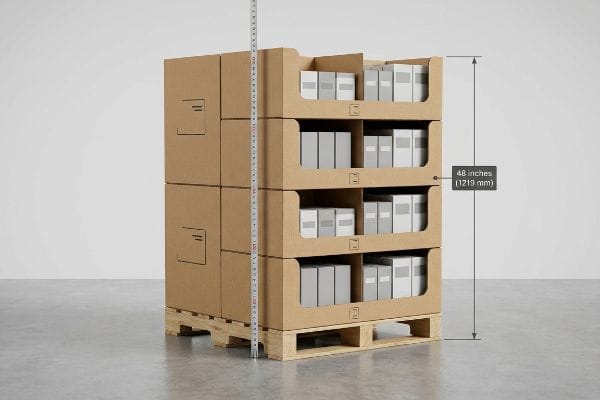 Brown corrugated half pallet displays stacked 48 inches (1219 mm) high on a wooden pallet, optimized for double-stacking.