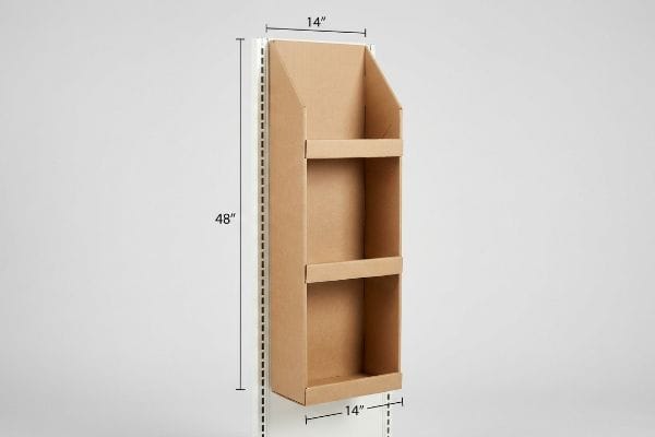 Brown corrugated cardboard sidekick display, 48 inches high by 14 inches wide, for retail endcap merchandising.