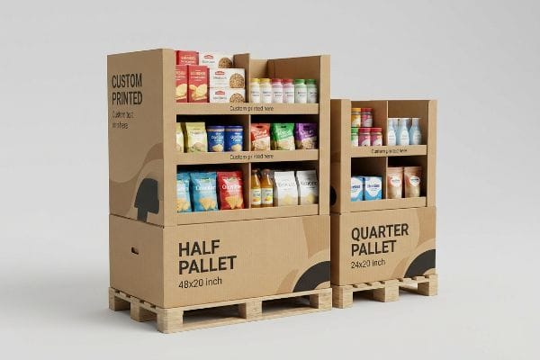 Brown corrugated cardboard Half Pallet (48x20 inch) and Quarter Pallet (24x20 inch) displays, custom printed and stocked with snacks.