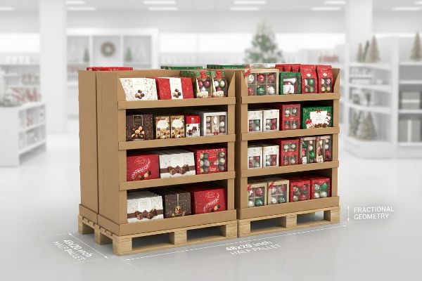Corrugated cardboard retail displays with festive chocolates and gift boxes on 48x20 inch Half Pallets, showing Fractional Geometry.