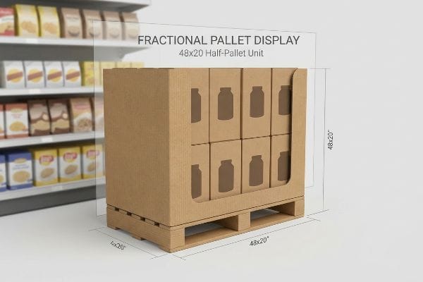 Expositor de cartón corrugado marrón en formato de palé fraccionado, una unidad de medio palé de 48x20 con recortes para tarros, colocado sobre un palé de madera en un pasillo de una tienda.