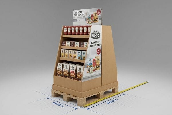 Corrugated cardboard Belmon's Best POP display on 48x20 inch fractional wooden pallet, featuring food.
