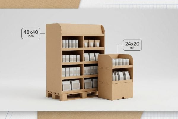 Natural kraft cardboard FSDUs, a large 48x40 Inch pallet display next to a smaller 24x20 Inch quarter pallet unit, both stocked with products.