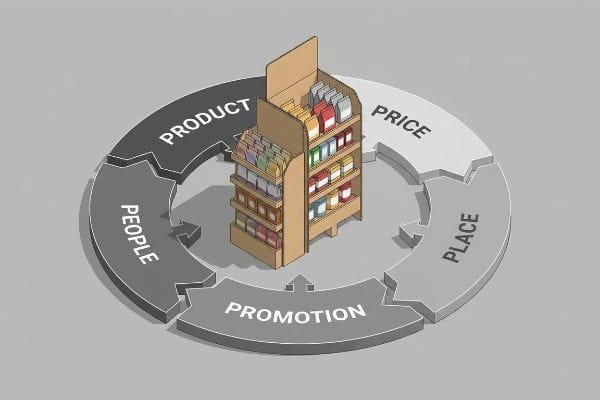 A 3D cardboard retail display, stocked with products, encircled by the 5 P's of Merchandising diagram: Product, Price, Place, Promotion, People.