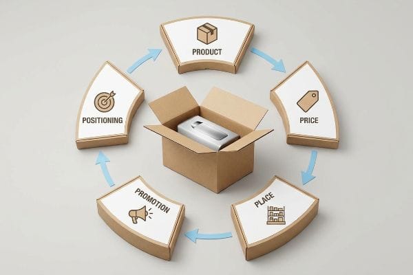 Brown cardboard boxes illustrating the 5 P's of packaging: Product, Price, Place, Promotion, and Positioning, with a silver product in the central open box.