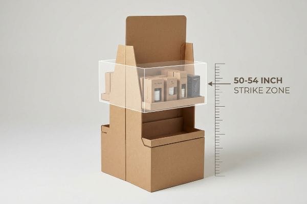 Brown corrugated cardboard floor display showcasing various products within the highlighted 50-54 Inch Strike Zone, optimizing visual merchandising.