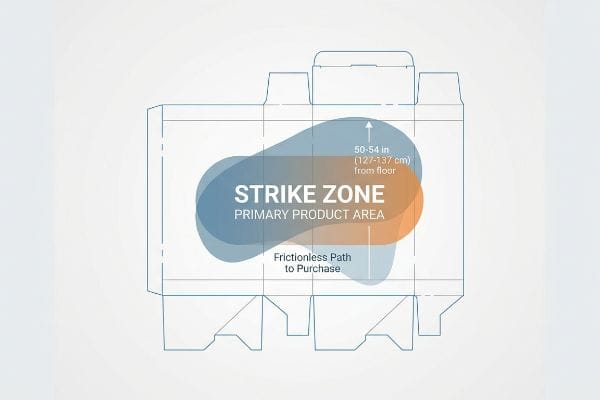 A technical dieline of a retail packaging box with an overlayed graphic highlighting the 'Strike Zone' and 'Primary Product Area' at 50-54 inches (127-137 cm) from the floor, indicating a 'Frictionless Path To Purchase'.