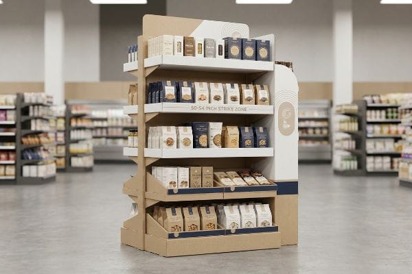 Kraft cardboard end cap display, white shelves, dark blue accents, '50-54 Inch Strike Zone' text, holding retail products.