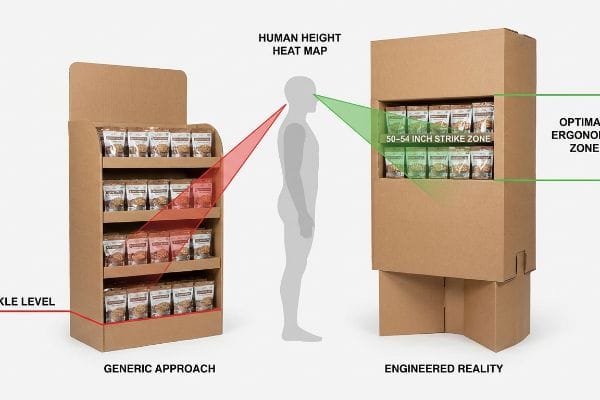 Infographic comparing a Generic Approach display with products at Ankle Level to an Engineered Reality display in the 50-54 Inch Strike Zone, guided by a Human Height Heat Map for Optimal Ergonomic Zone.