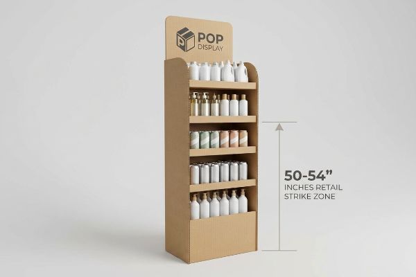 Brown cardboard Pop Display highlighting the 50-54 inches Retail Strike Zone for optimal eye-level product visibility.