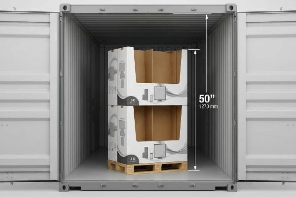 Inside a shipping container, two white cardboard retail displays stacked on a wooden pallet measure 50 inches (1270 mm) high, demonstrating ideal height for double-stacking.