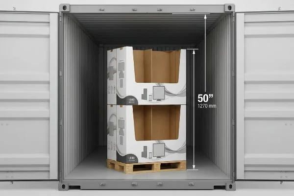 In einem Versandcontainer sind zwei weiße Pappaufsteller auf einer Holzpalette gestapelt und messen 50 Zoll (1270 mm) in der Höhe. Dies ist die ideale Höhe für eine Doppelstapelung.