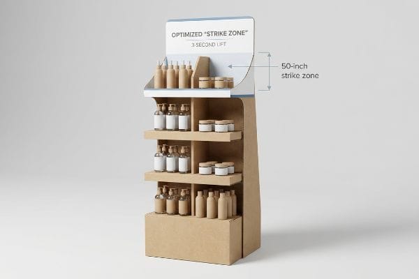 Brown corrugated retail display with cosmetic products, highlighting 'Optimized 'Strike Zone'' and '50-inch strike zone' for '3 Second Lift'.