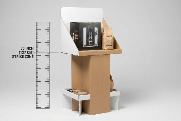 Corrugated cardboard freestanding display unit showcasing a Jura coffee machine and coffee bags at the 50-Inch (127 Cm) Strike Zone.