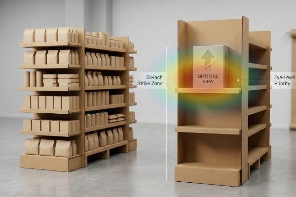 E-flute cardboard retail display highlights a 54-Inch Strike Zone, Optimal View, and Eye-Level Priority for product placement.