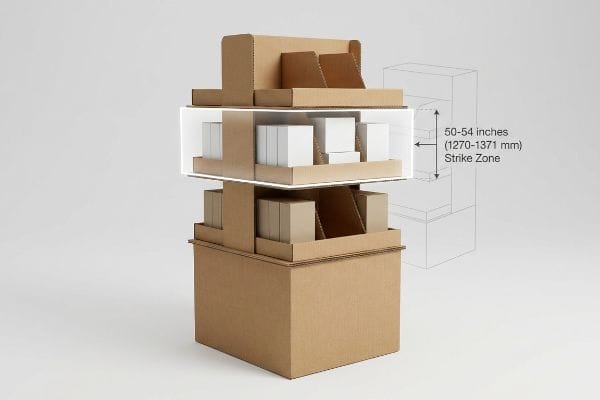 Corrugated cardboard retail display unit highlighting the 50-54 inches (1270-1371 mm) Strike Zone for optimal product placement, with white boxes on shelves.