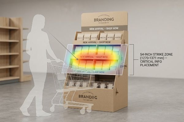 Cardboard Branding POP display with a heat map showing the 54-inch Strike Zone (1270-1371 mm) for 'New Arrival - Shop Now' text.