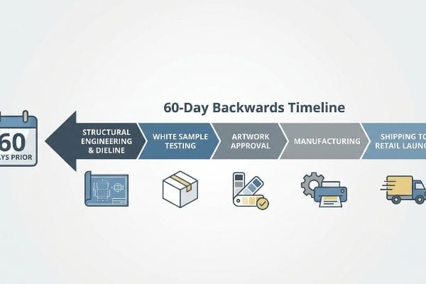 A visual timeline illustrates the 60-Day Backwards Timeline, detailing Structural Engineering, White Sample Testing, Artwork Approval, Manufacturing, and Shipping to Retail Launch.