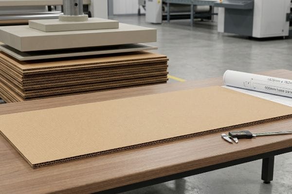 Corrugated cardboard sheets curing under a press, with a 609mm base panel, blueprint (1828mm x 762mm), and digital caliper.