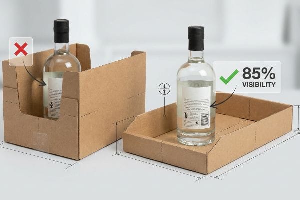 Brown corrugated cardboard display trays illustrating poor (X) versus optimal 85% Visibility product presentation with a low retaining lip.
