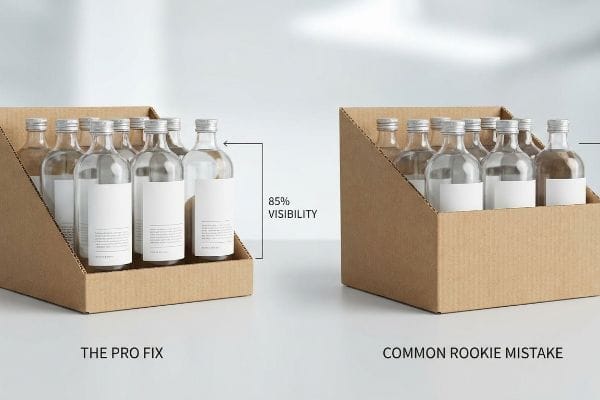 Cardboard retail display compares The Pro Fix, showing 85% Visibility for bottles, to Common Rookie Mistake.