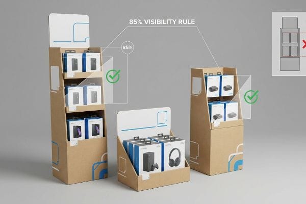 Kraft corrugated merchandise displays demonstrate the 85% Visibility Rule, ensuring product packaging, including electronics, remains unobstructed for optimal brand exposure.
