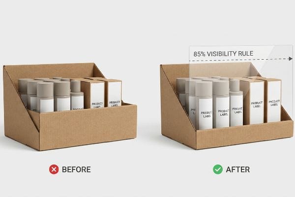 Brown cardboard display trays show 85% Visibility Rule for product labels, comparing Before (high lip) and After (lowered lip).