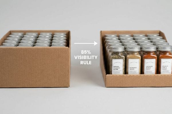 Corrugated trays illustrate the 85% Visibility Rule, contrasting obscured spice jars with visible labels for Rosemary Thyme Rub and Cajun Spice.