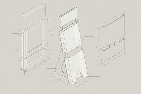 Technical drawings of a modular A-frame POP display, featuring exploded isometric views with detailed dimensions.