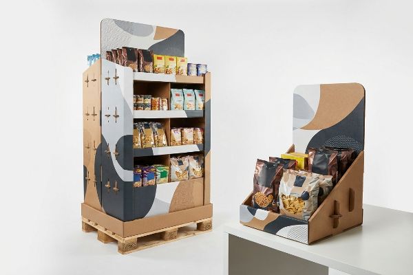 Corrugated cardboard POP floor and POS counter displays, with abstract brown, grey, white graphics, showcasing packaged food products.