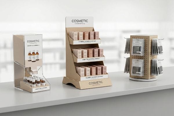 Acrylic gravity-feed dispenser, three-tiered cardboard Cosmetic countertop display, and spinning pegboard carousel with 'The Store' pouches.