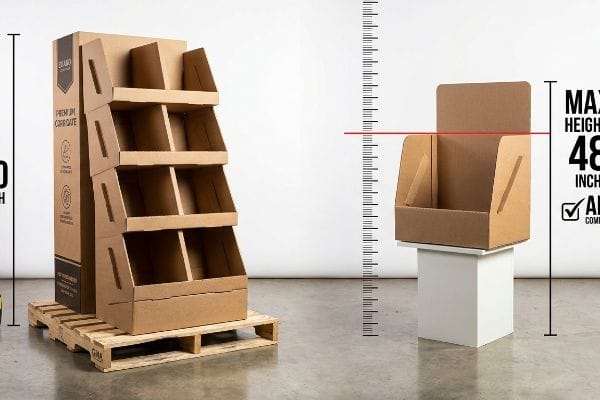 Brown corrugated floor standee on a GMA pallet and a counter display with 48-inch max height for ADA compliance, featuring Premium Corrugate.