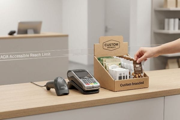Custom Branded cardboard display of Gourmet Snacks, payment terminal, scanner, within Ada Accessible Reach Limit.