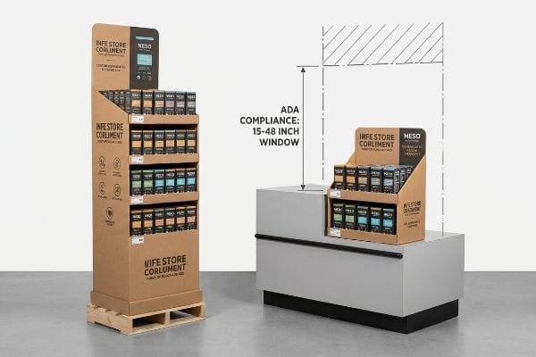 Cardboard Infe Store Corliment floor display and Meso counter display on a checkout, with ADA compliance 15-48 inch window diagram.