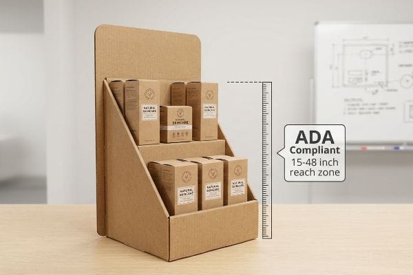 Three-tiered corrugated cardboard counter display unit filled with Natural Skincare boxes, illustrating ADA Compliant 15-48 inch reach zone.