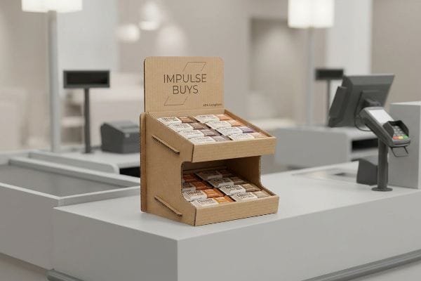 POS-Display aus Wellpappe auf einem Kassentresen, beschriftet mit „Impulskäufe“ und „ADA-konform“, mit kleinen verpackten Waren.